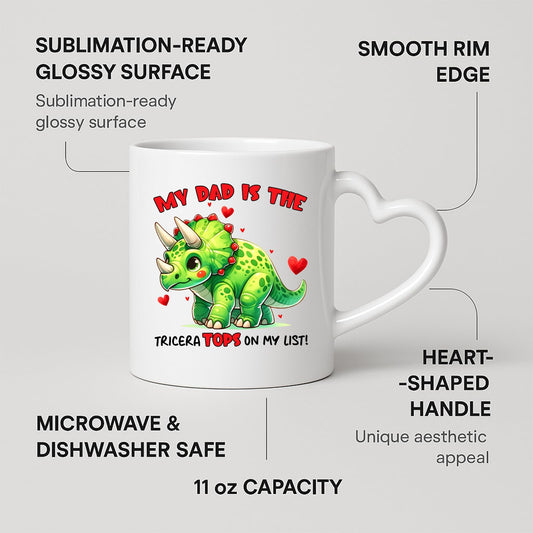 Heart-handle mug with labels for 11oz capacity, glossy surface and heart-shaped handle