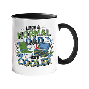 Colour handle mug with camping chairs, a cool box and a fishing rod with “Like a normal dad, but cooler” – black handle and inside