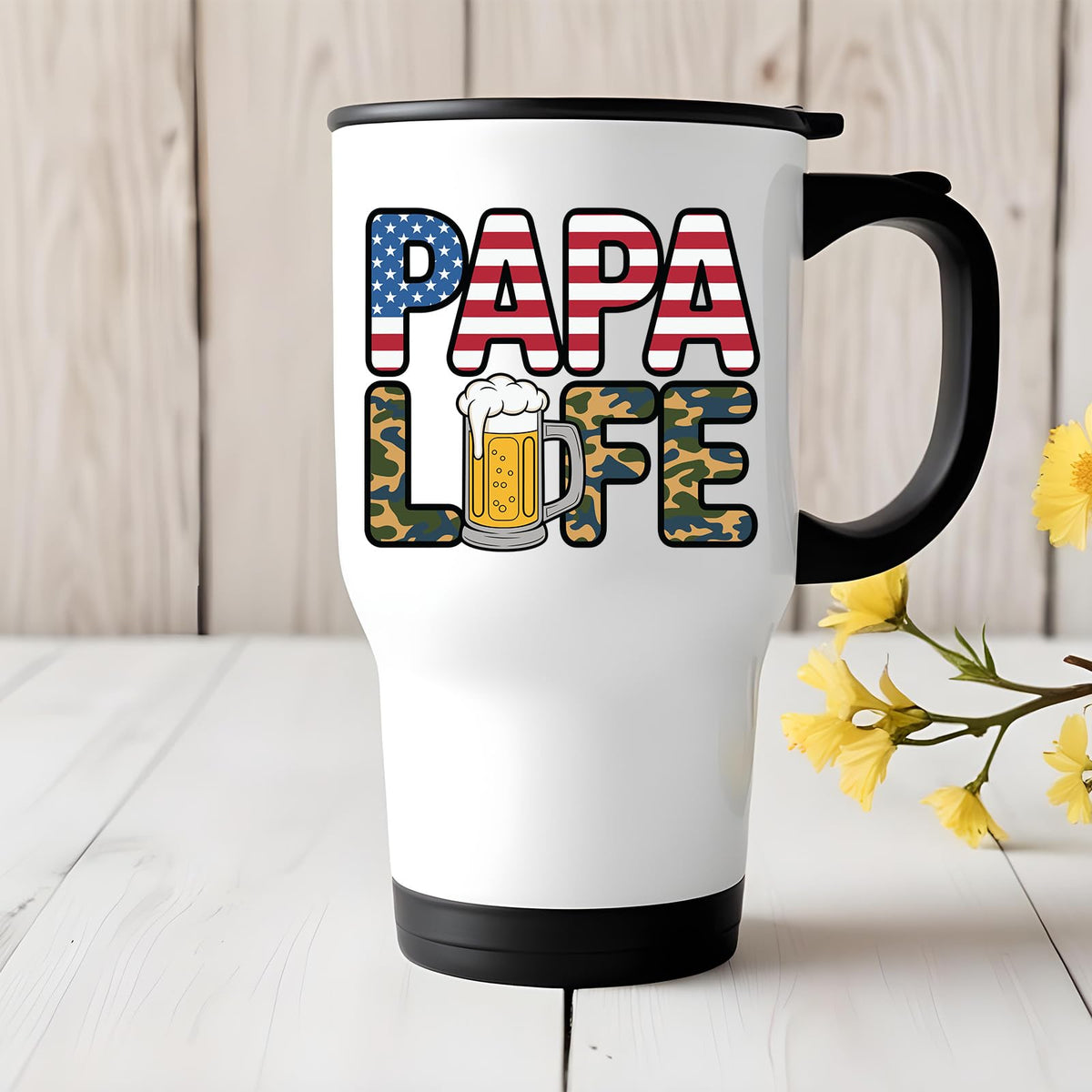Papa Life travel mug on a white wooden table with yellow flowers