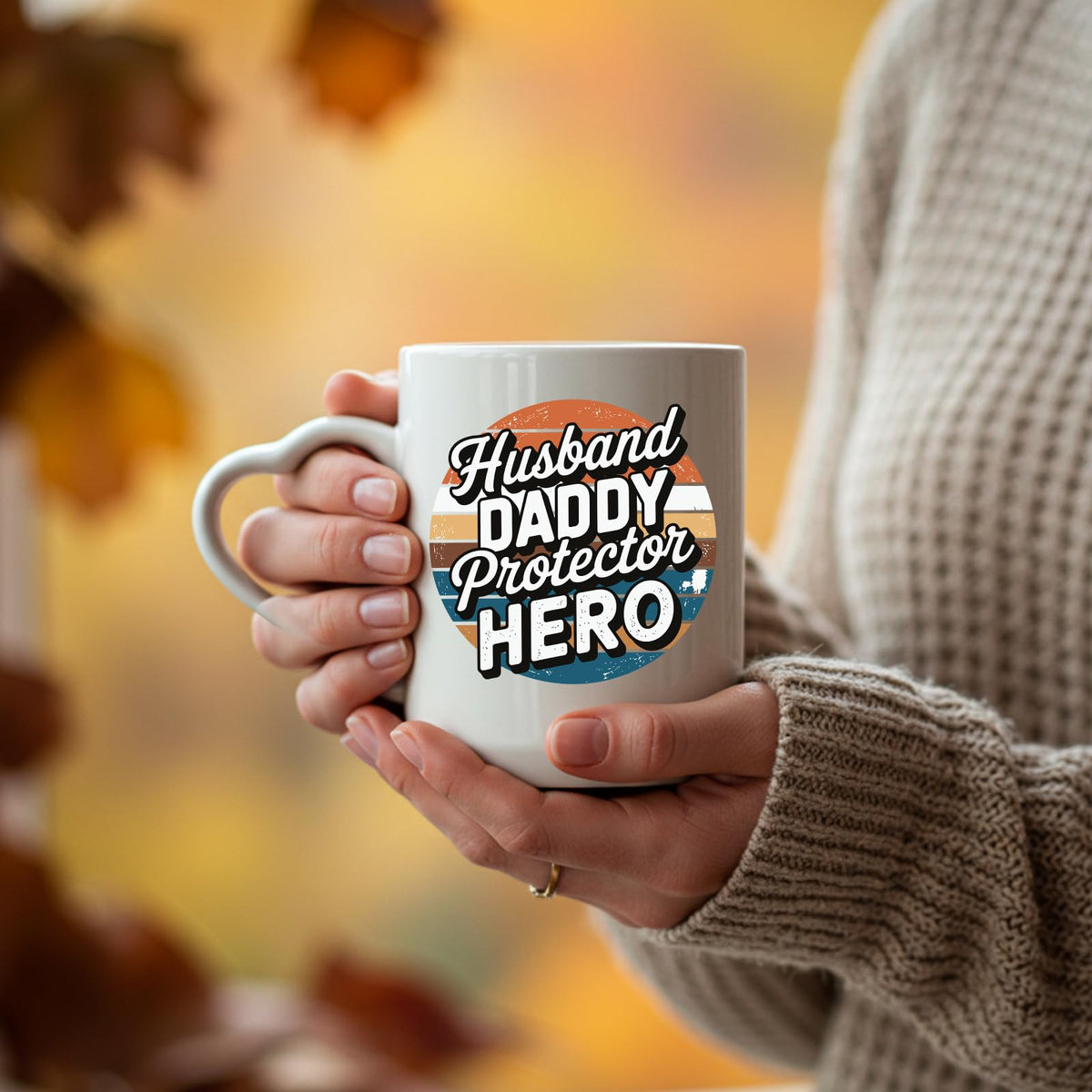 Hands holding the Husband Daddy Protector Hero retro heart-handle mug