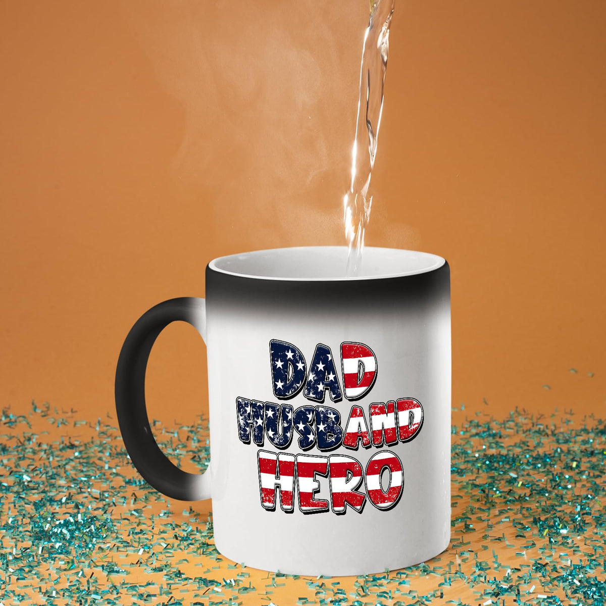 Hot water poured into the Dad Husband Hero colour changing mug as the design appears