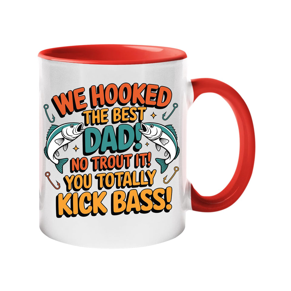 Colour handle mug with two leaping fish and “We hooked the best Dad! No trout about it! You totally kick bass!” – red handle and inside