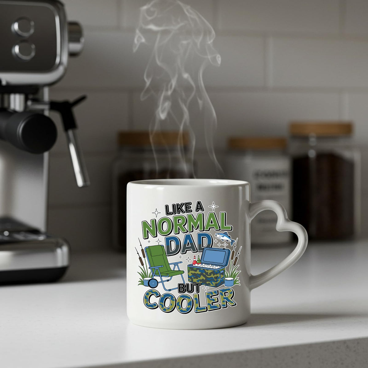 Steaming Like a Normal Dad But Cooler heart-handle mug on a kitchen counter