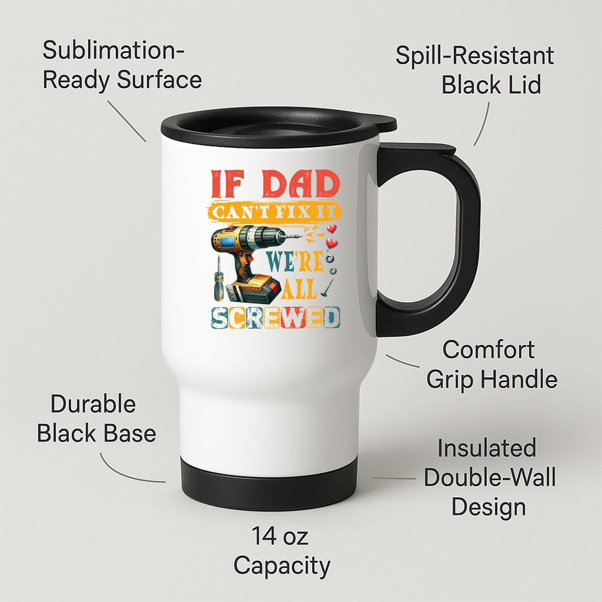 Travel mug with labels for spill-resistant lid, insulated double wall and 14oz capacity