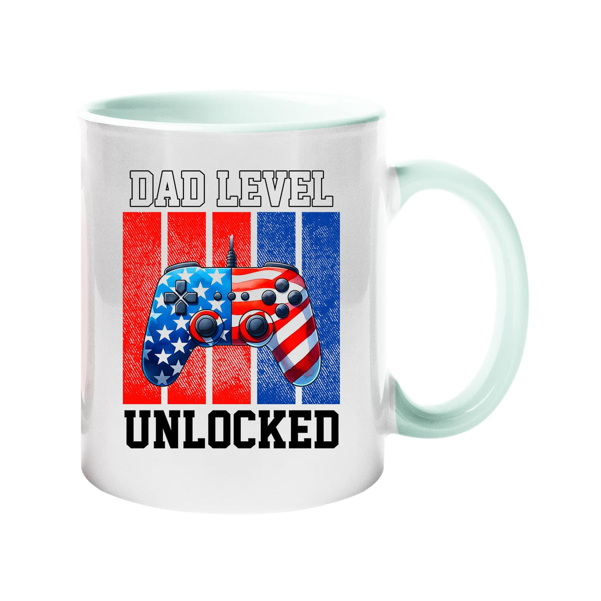 Colour handle mug with a stars-and-stripes game controller and “Dad level unlocked” – lime handle and inside