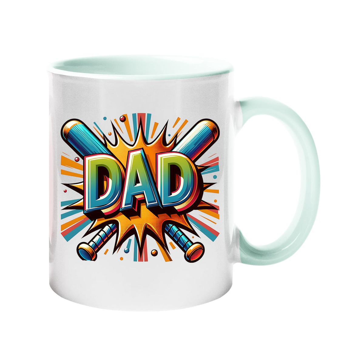 Colour handle mug with a comic-style “DAD” in front of crossed baseball bats – lime handle and inside