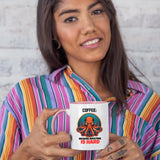 Woman in a striped shirt holding the Adulting Is Hard octopus colour handle mug