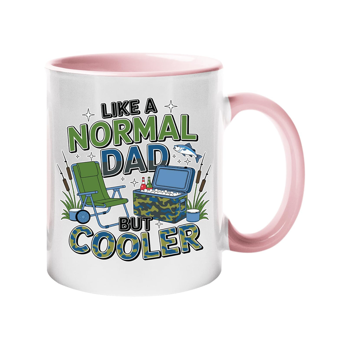 Colour handle mug with camping chairs, a cool box and a fishing rod with “Like a normal dad, but cooler” – light pink handle and inside
