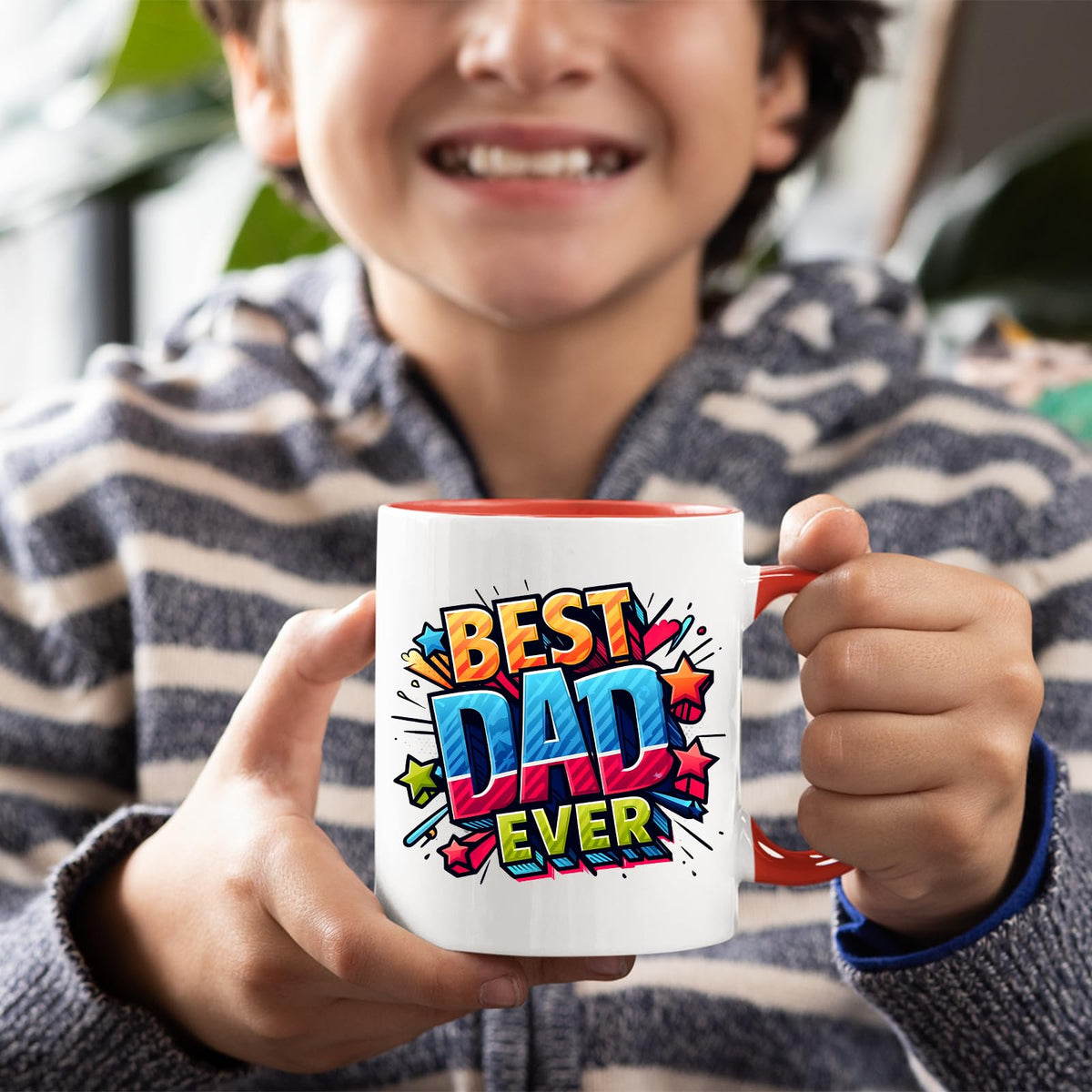 Smiling child holding the Best Dad Ever comic mug with a red handle