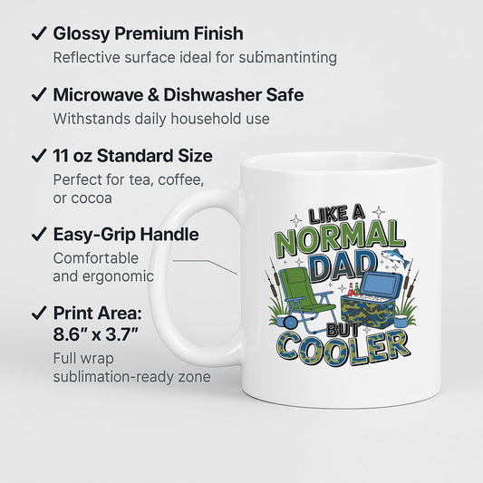 White mug with labels for 11oz size, glossy finish, easy-grip handle and print area