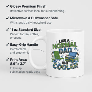 Man holding the Like a Normal Dad But Cooler mug in front of a Christmas tree