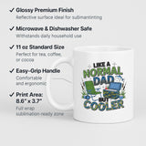 White mug with labels for 11oz size, glossy finish, easy-grip handle and print area
