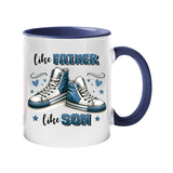 Colour handle mug with a pair of blue high-top sneakers with hearts and “Like father, like son” – dark blue handle and inside