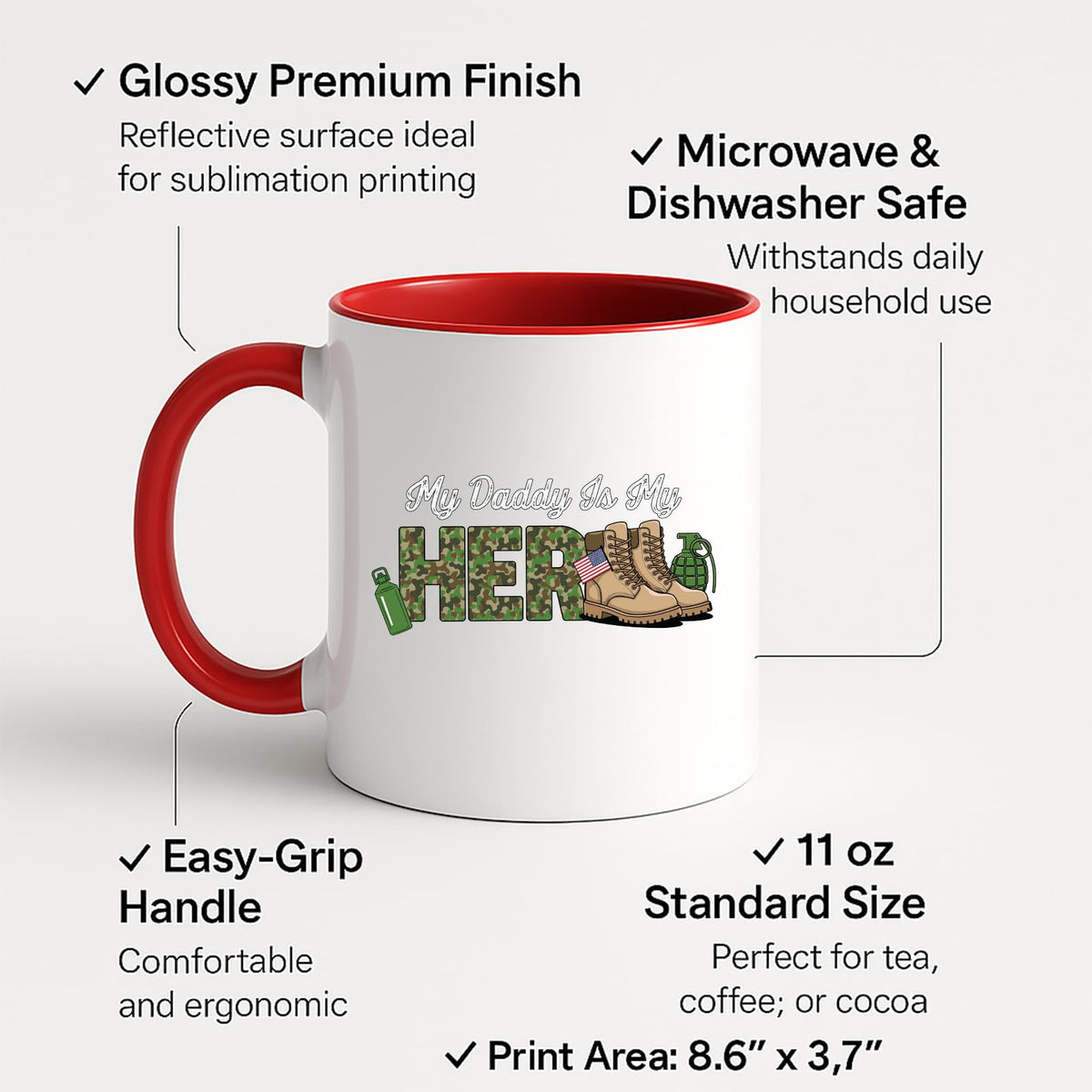 Colour handle mug with labels for 11oz size, glossy finish and easy-grip handle
