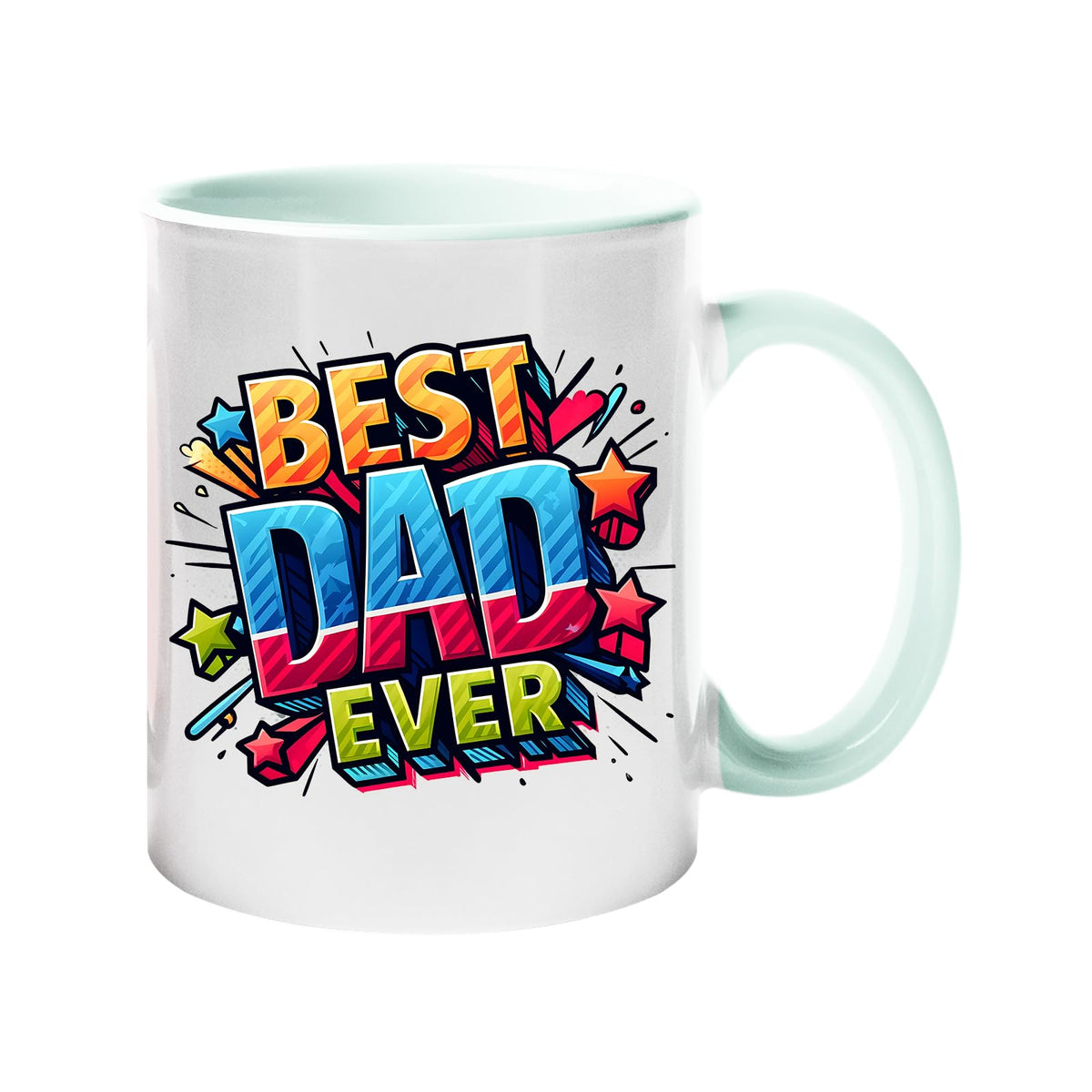 Colour handle mug with “Best Dad Ever” in bold comic-book lettering with stars – lime handle and inside