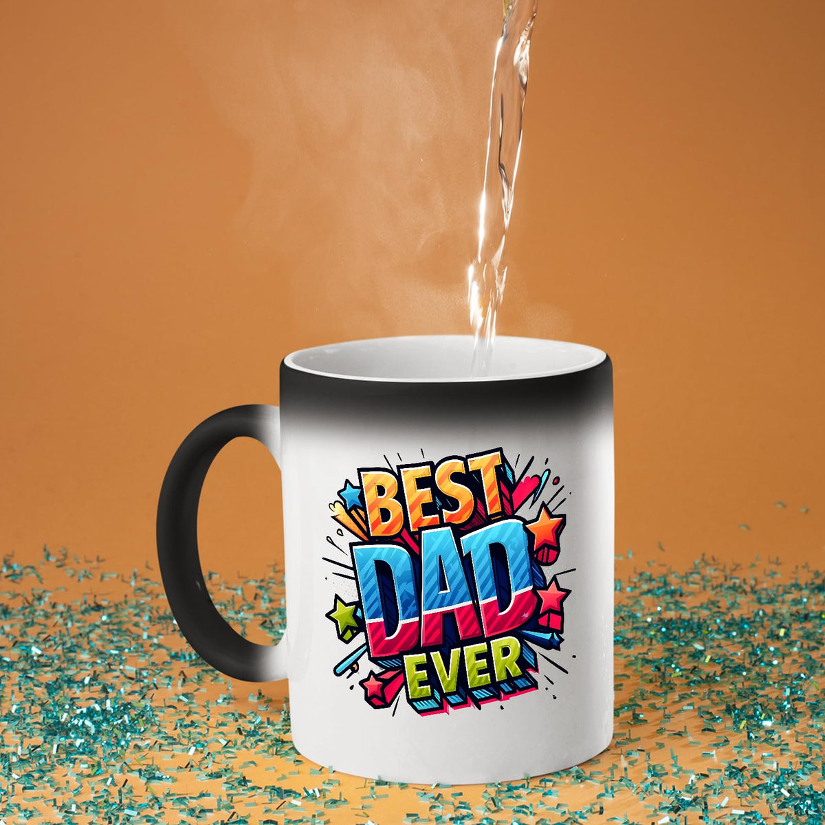 Hot water poured into the Best Dad Ever comic colour changing mug as the design appears
