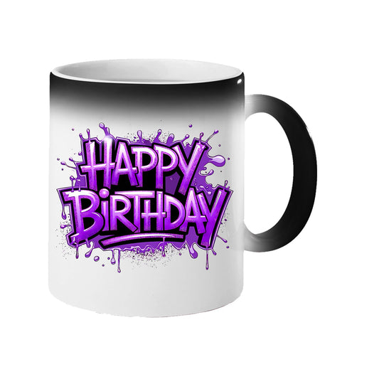 Colour changing mug revealing “Happy Birthday” in purple graffiti letters with paint drips
