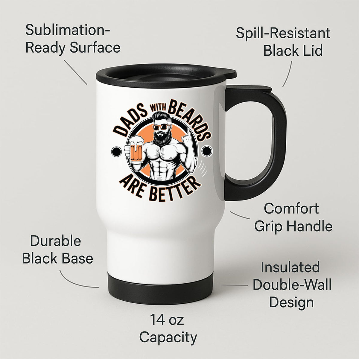 Travel mug with labels for spill-resistant lid, insulated double wall and 14oz capacity