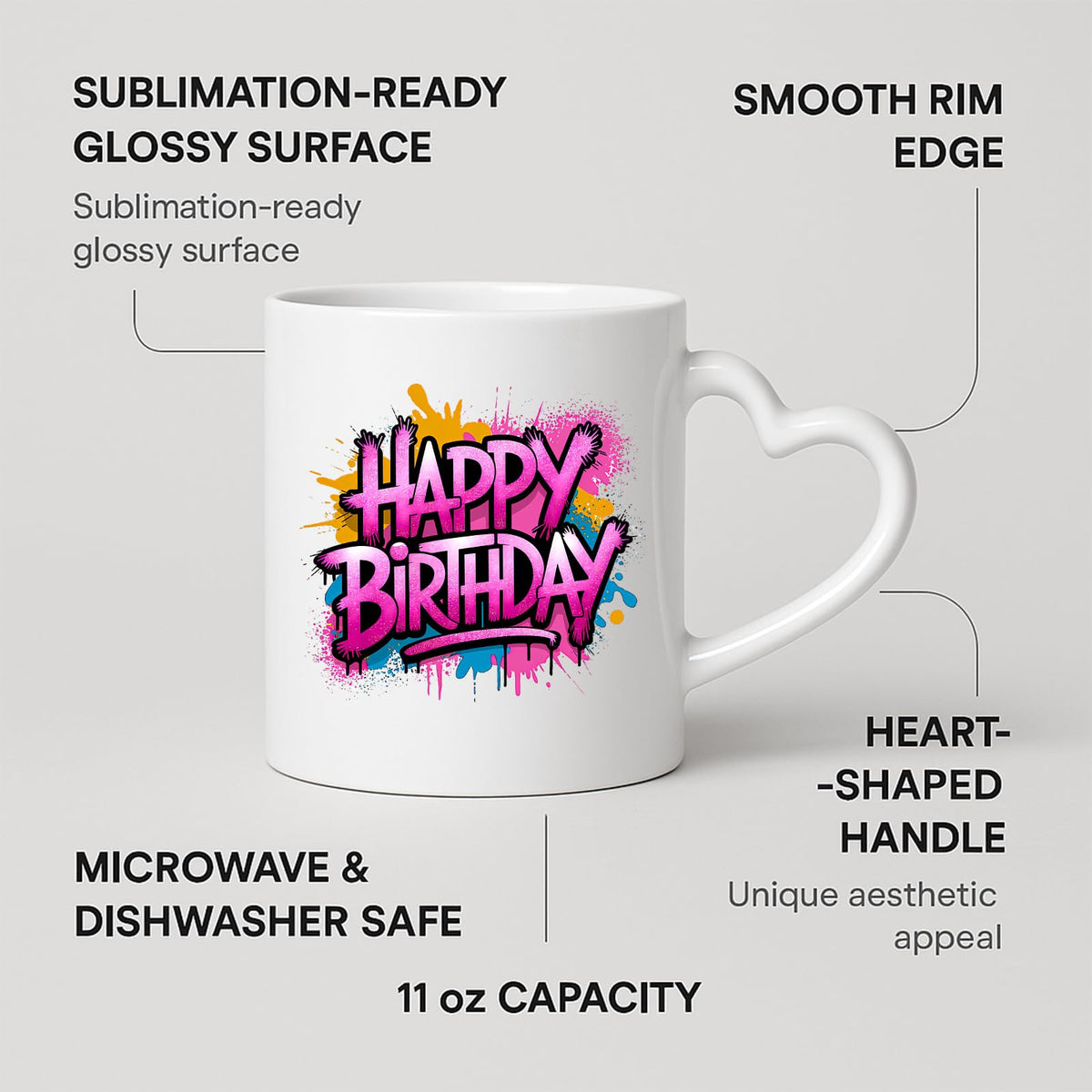 Heart-handle mug with labels for 11oz capacity, glossy surface and heart-shaped handle