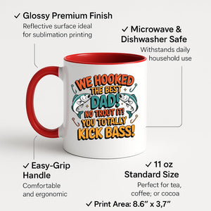 Colour handle mug with two leaping fish and “We hooked the best Dad! No trout about it! You totally kick bass!” – red handle and inside