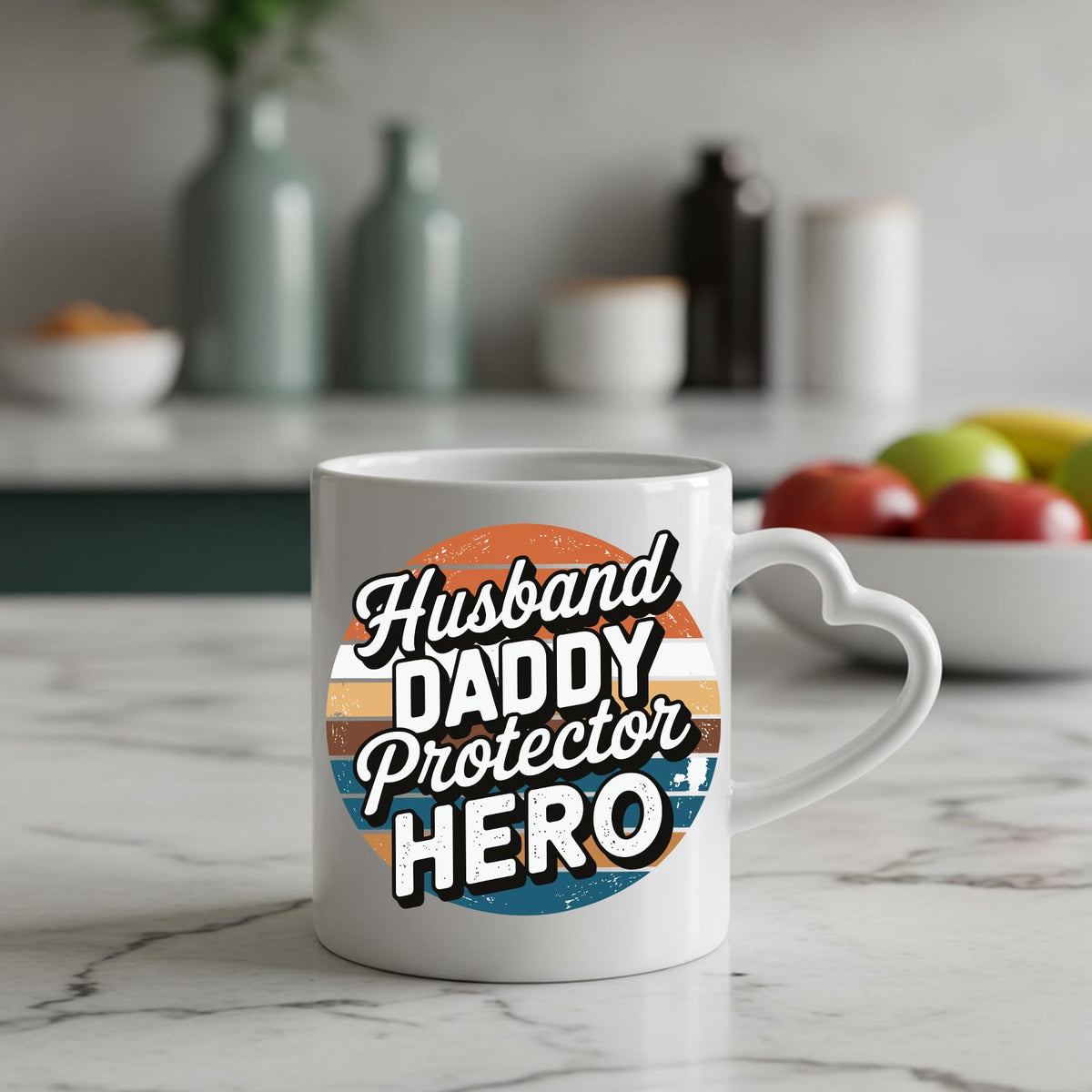 Husband Daddy Protector Hero retro heart-handle mug on a marble counter with fruit