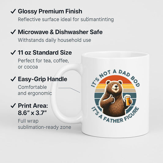 White mug with labels for 11oz size, glossy finish, easy-grip handle and print area