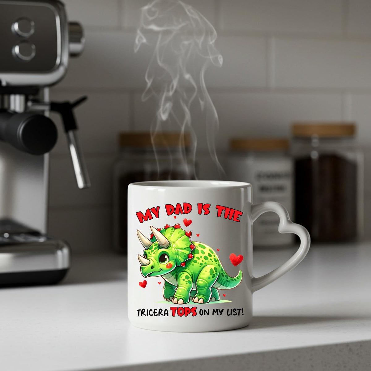 Steaming Triceratops dad heart-handle mug on a kitchen counter