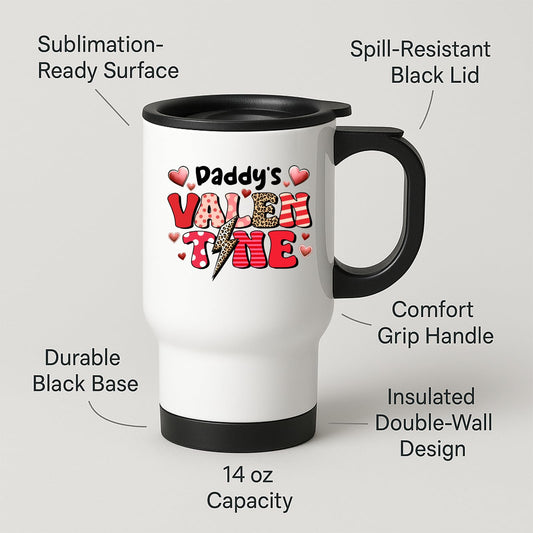 Travel mug with labels for spill-resistant lid, insulated double wall and 14oz capacity
