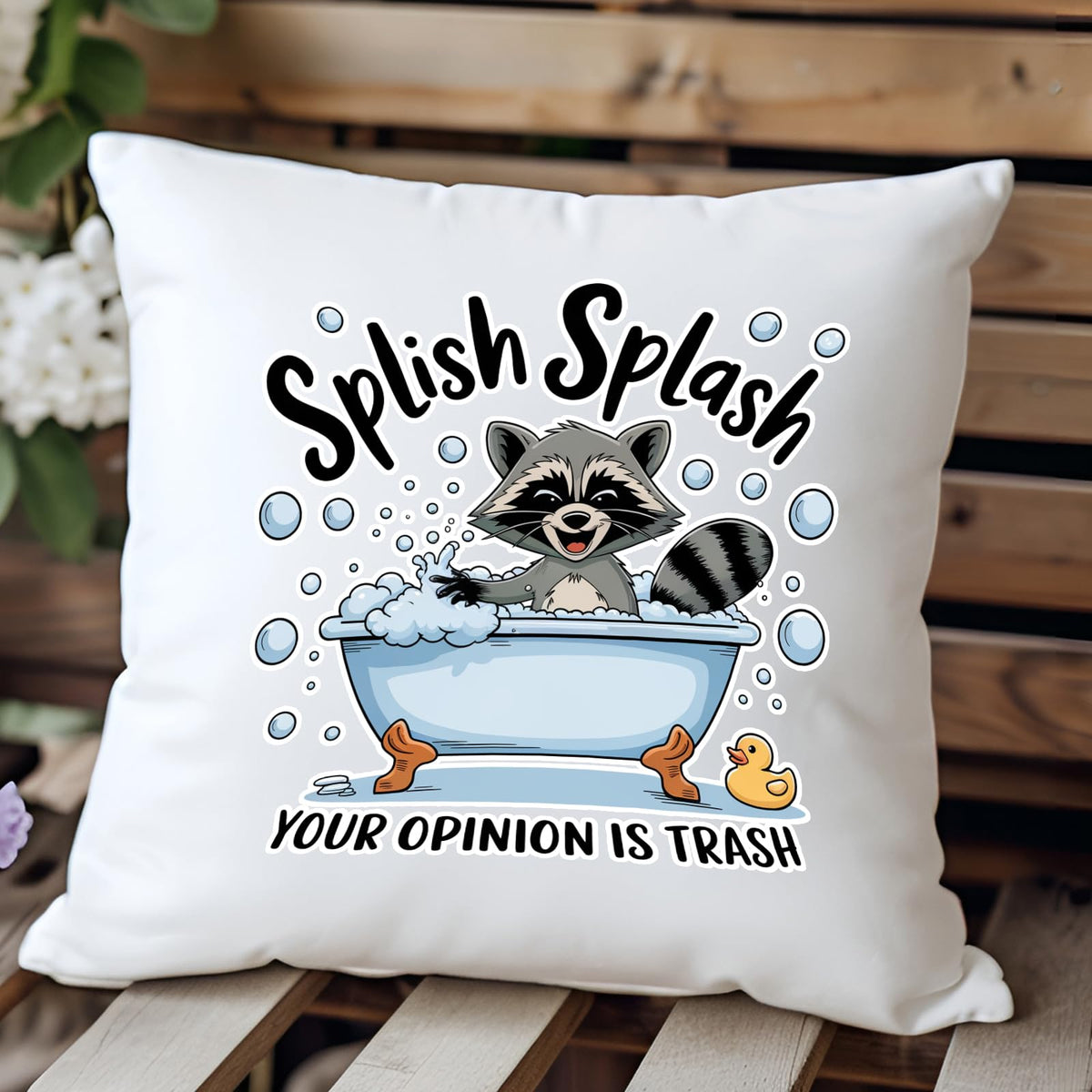 Splish Splash raccoon cushion on a wooden bench