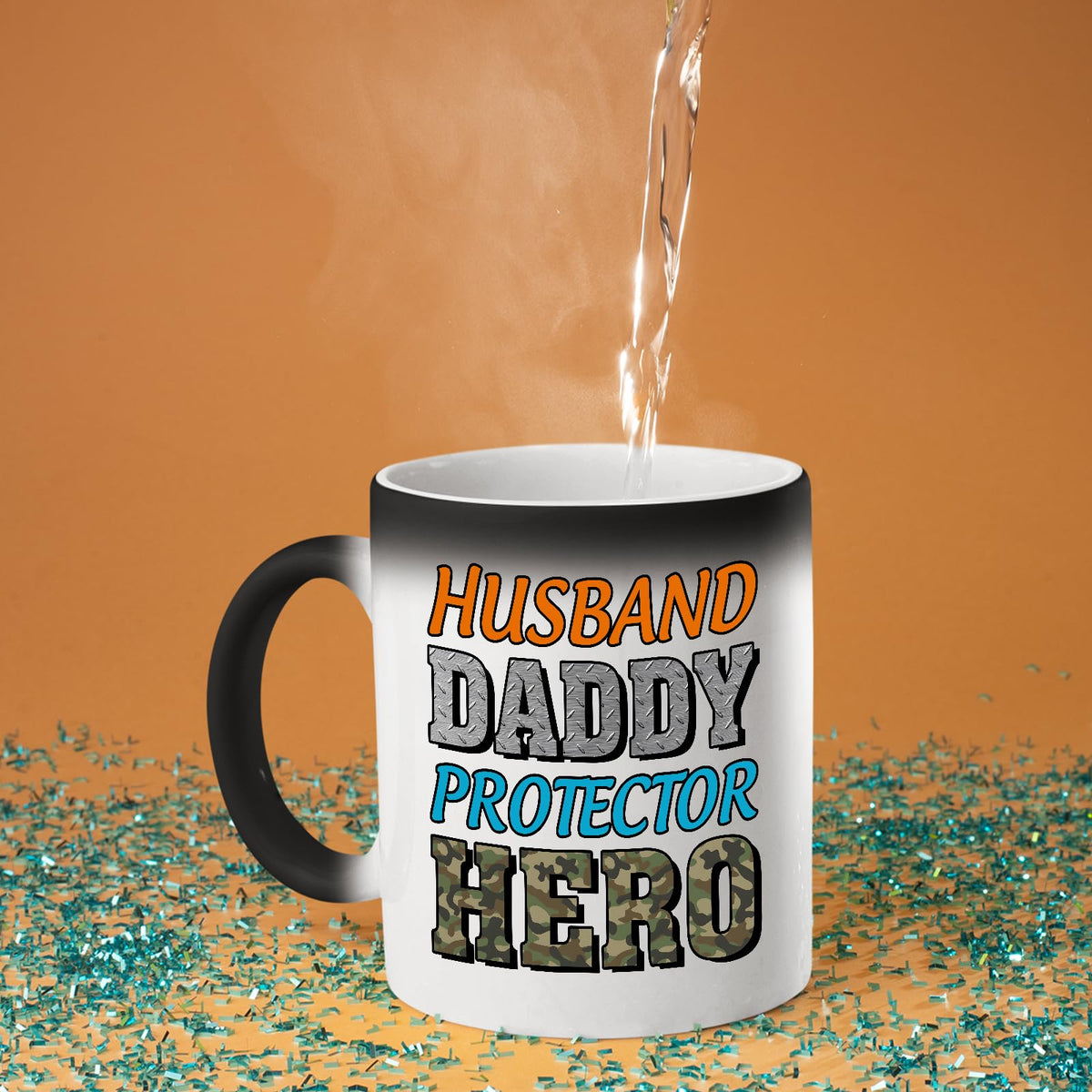 Hot water poured into the Husband Daddy Protector Hero camo colour changing mug as the design appears
