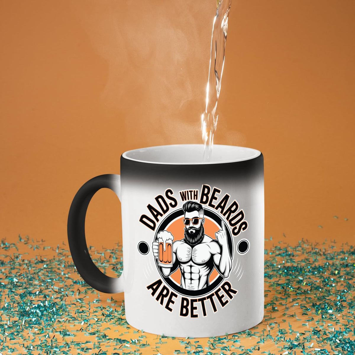 Hot water poured into the Dads with Beards colour changing mug as the design appears
