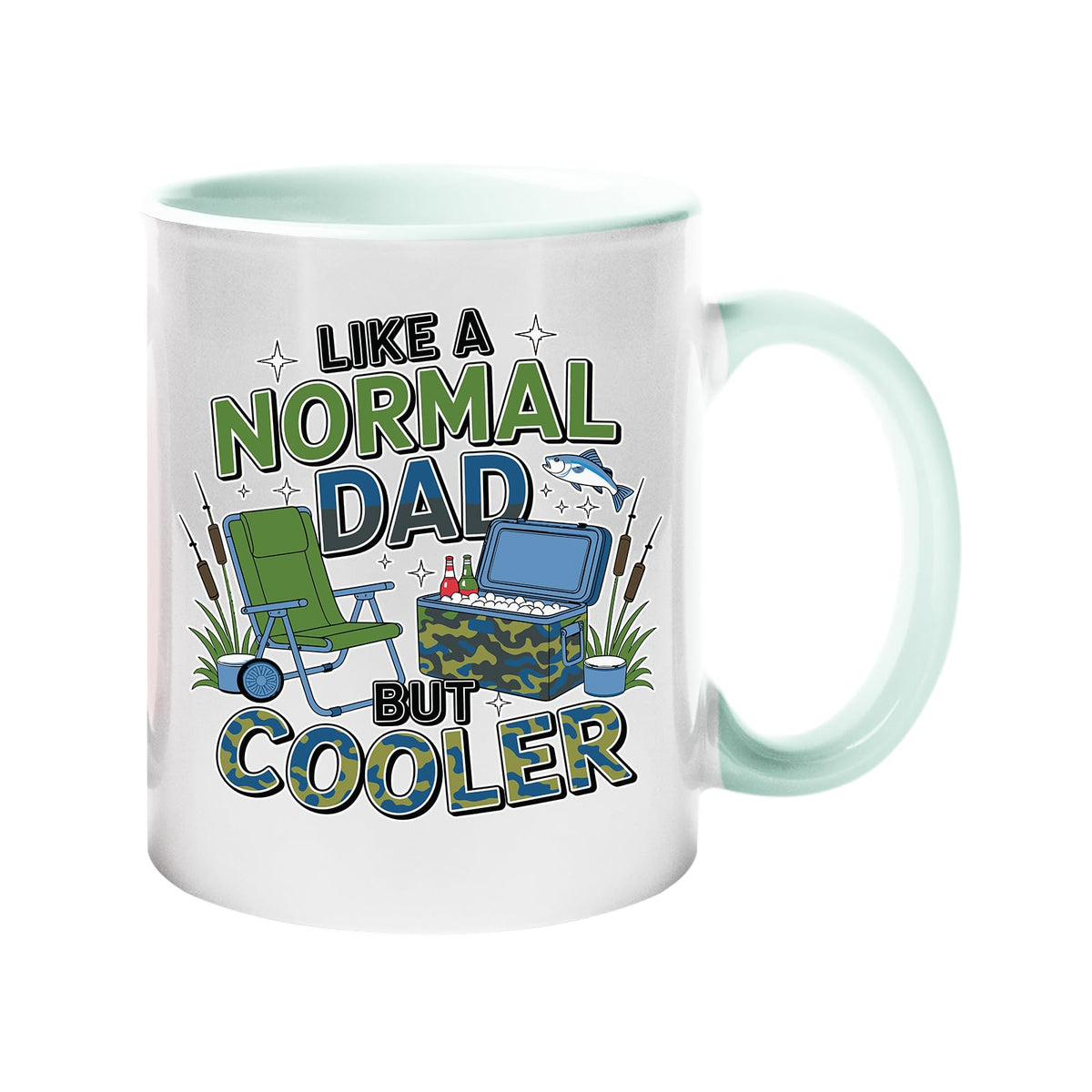 Colour handle mug with camping chairs, a cool box and a fishing rod with “Like a normal dad, but cooler” – lime handle and inside