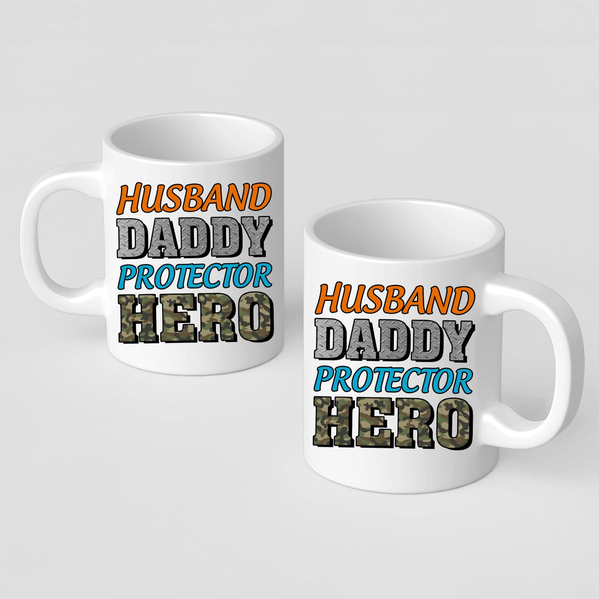 Front and back of the Husband Daddy Protector Hero camo mug