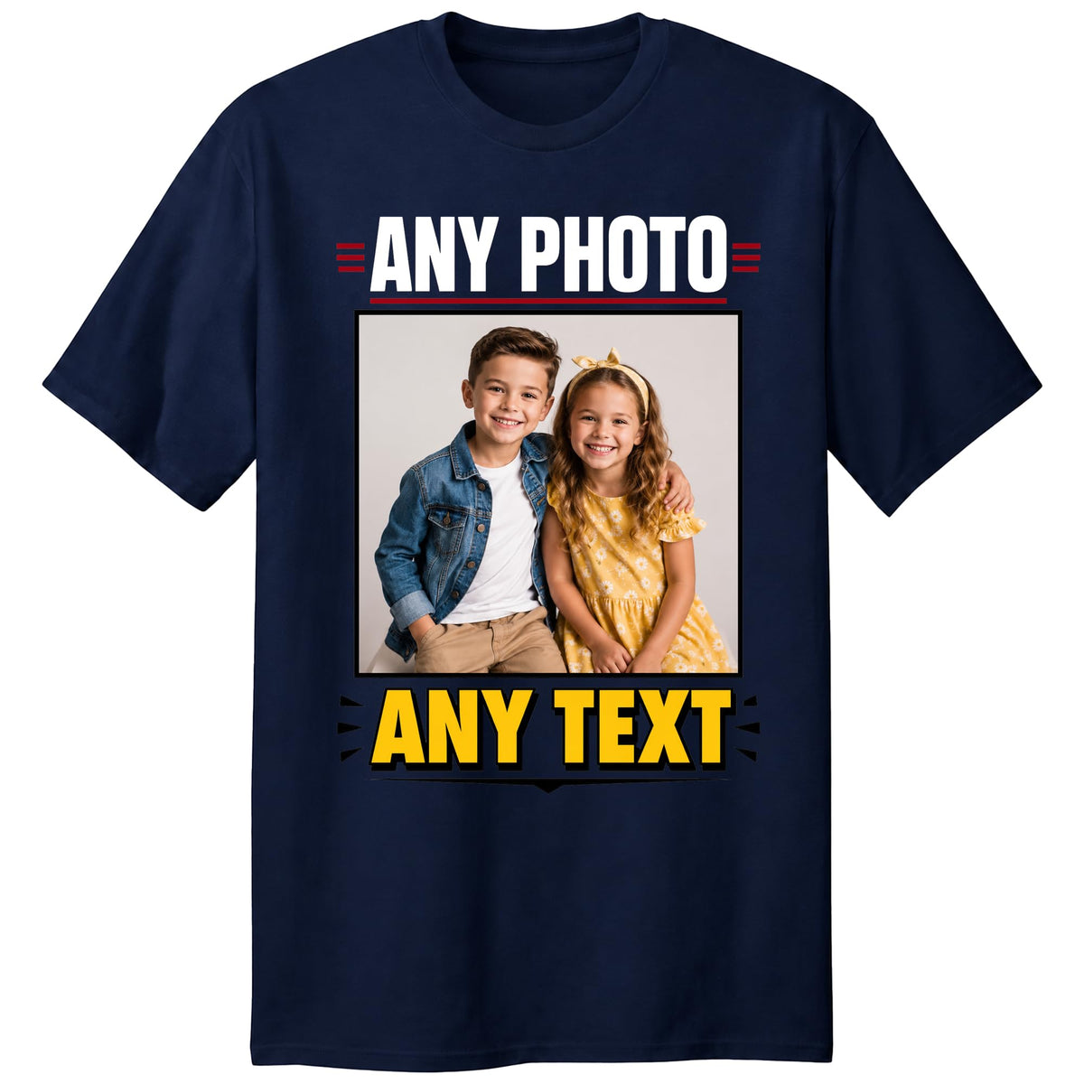 Personalised navy t-shirt with custom photo and text