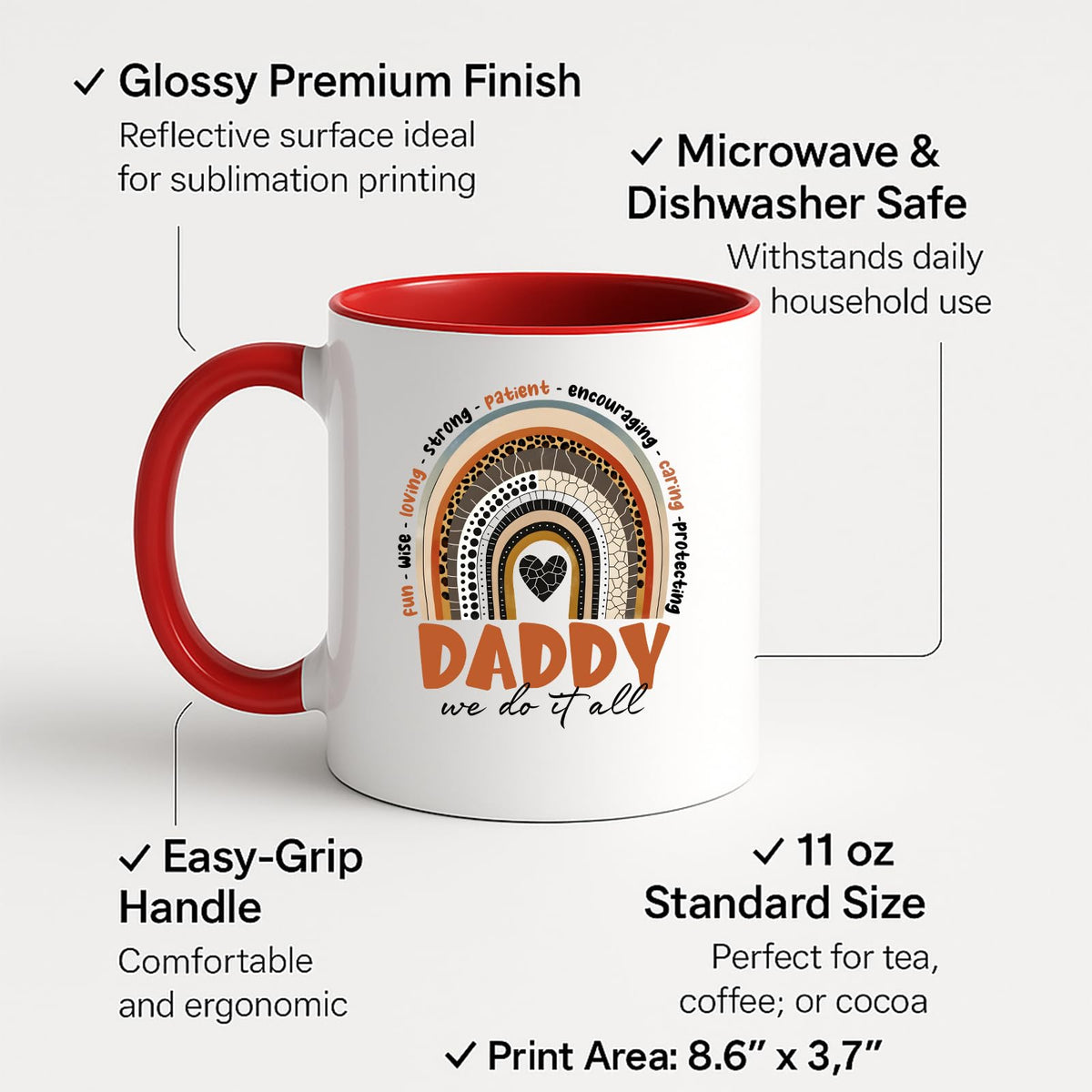 Colour handle mug with labels for 11oz size, glossy finish and easy-grip handle