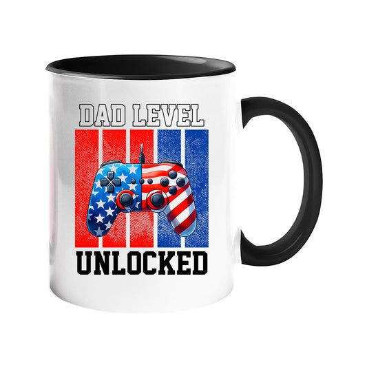 Colour handle mug with a stars-and-stripes game controller and “Dad level unlocked” – black handle and inside