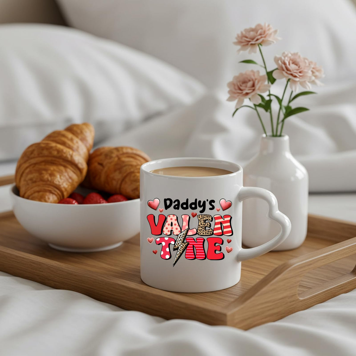 Daddy’s Valentine heart-handle mug on a breakfast tray with croissants and flowers