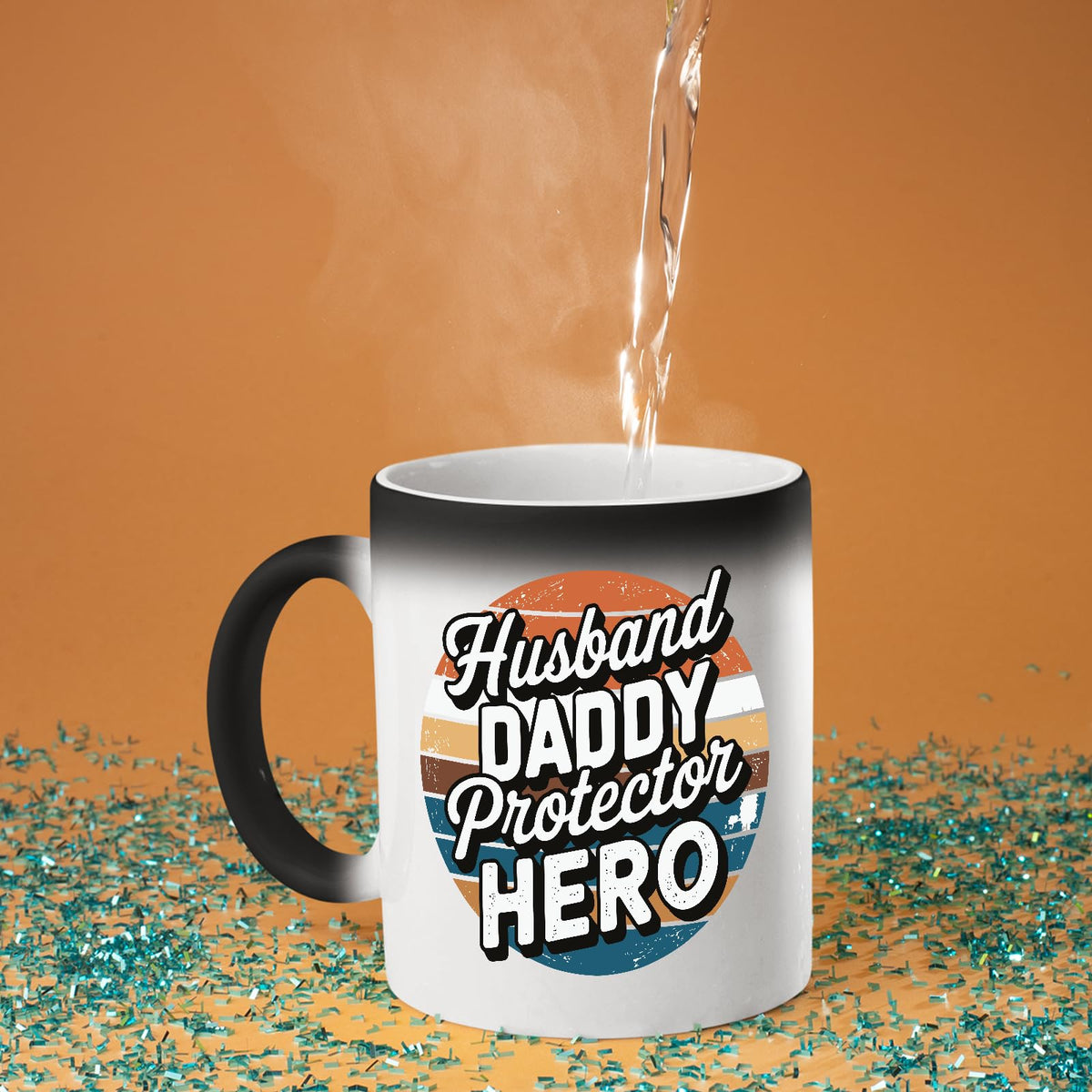Hot water poured into the Husband Daddy Protector Hero retro colour changing mug as the design appears