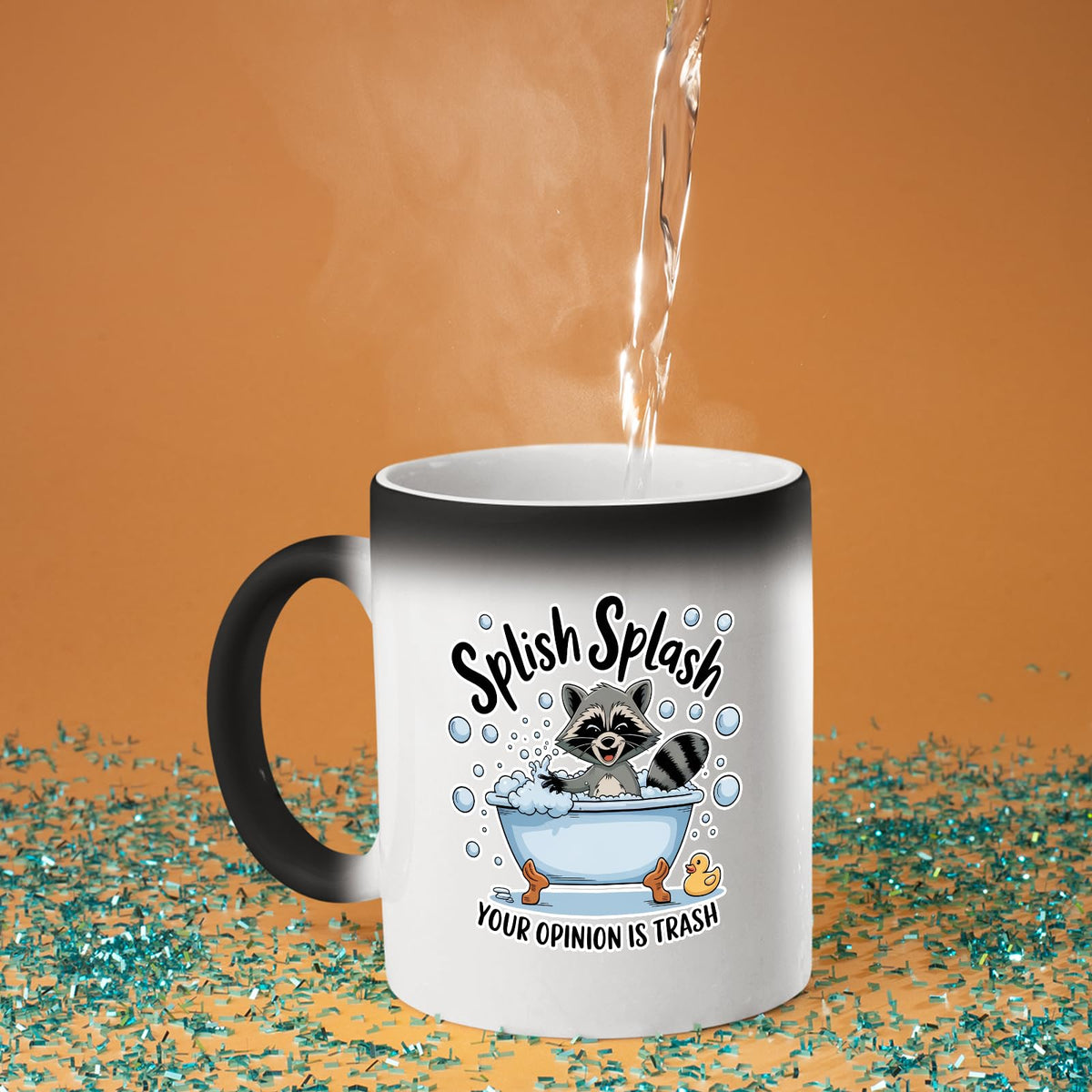 Hot water poured into the Splish Splash raccoon colour changing mug as the design appears