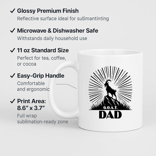 White mug with labels for 11oz size, glossy finish, easy-grip handle and print area