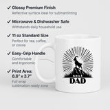 White mug with labels for 11oz size, glossy finish, easy-grip handle and print area