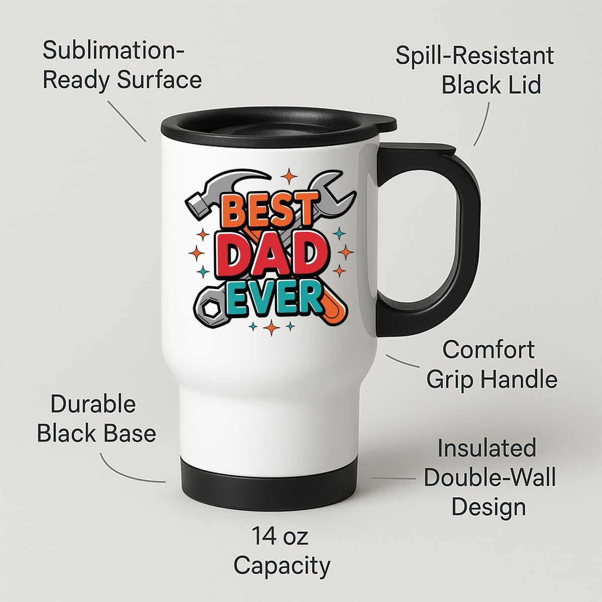 Travel mug with labels for spill-resistant lid, insulated double wall and 14oz capacity