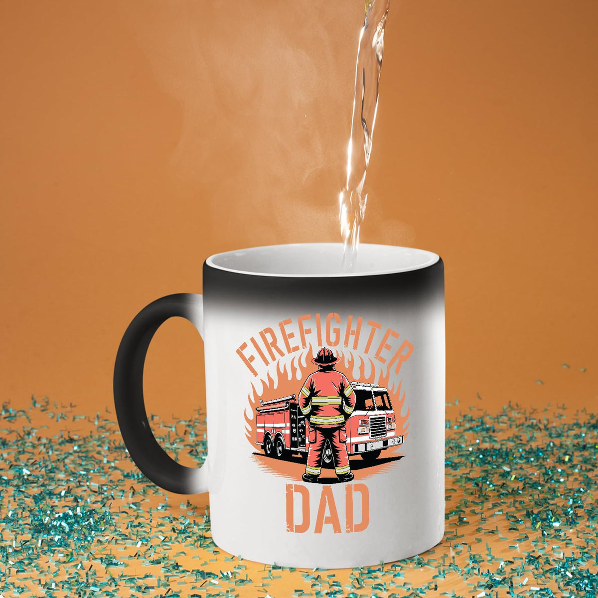 Hot water poured into the Firefighter Dad colour changing mug as the design appears