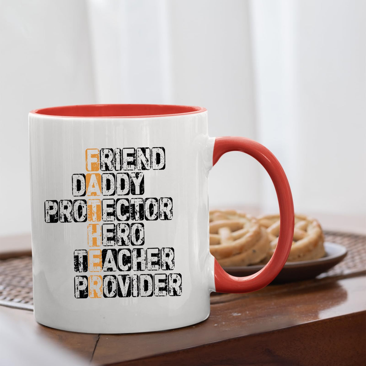 FATHER acrostic mug with a red handle beside biscuits