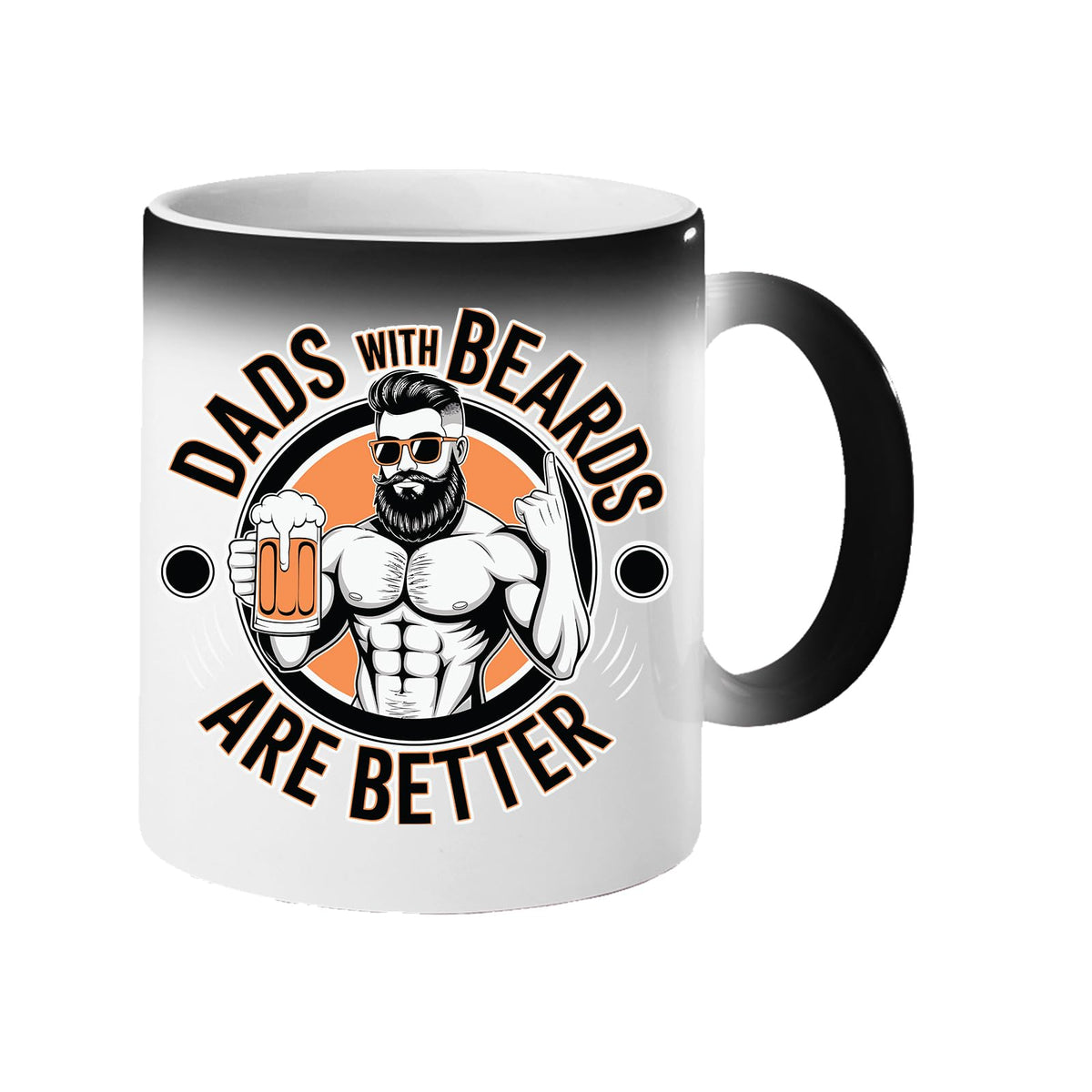 Colour changing mug revealing a muscly bearded dad with a beer and “Dads with beards are better”