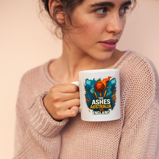 Woman sipping from the Ashes cricket mug