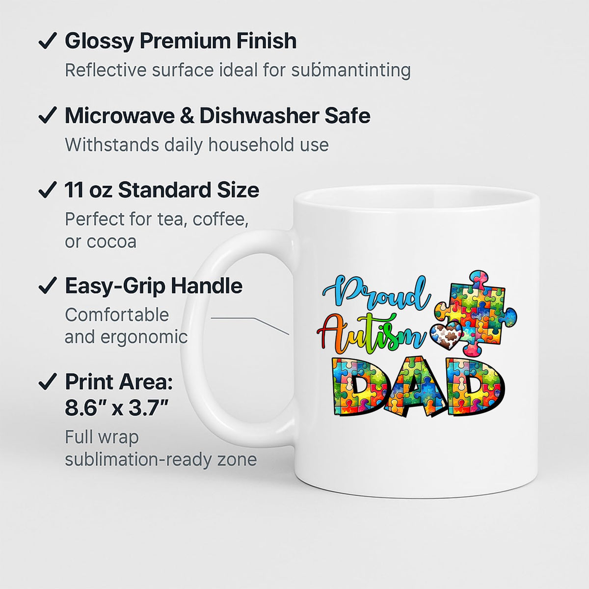 White mug with labels for 11oz size, glossy finish, easy-grip handle and print area