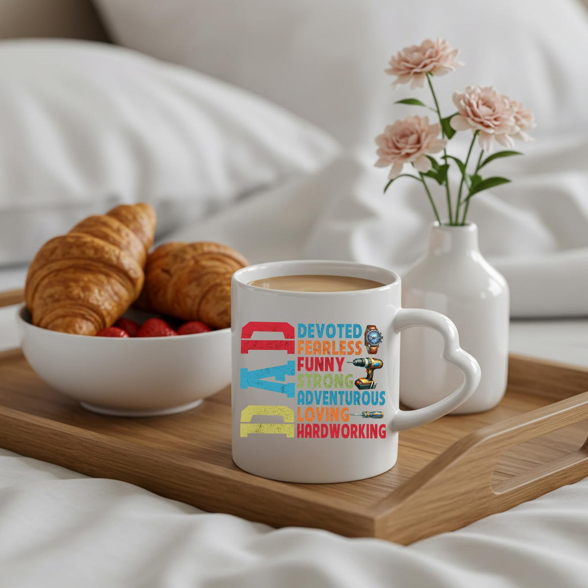 DAD Devoted heart-handle mug on a breakfast tray with croissants and flowers