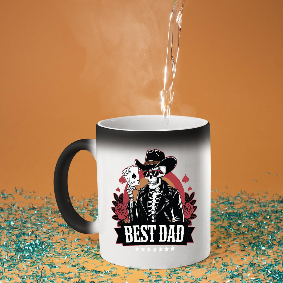 Hot water poured into the Best Dad skeleton cowboy colour changing mug as the design appears