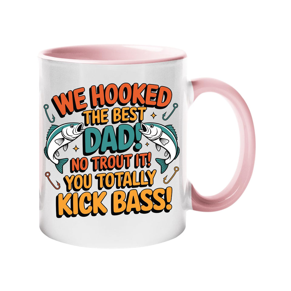 Colour handle mug with two leaping fish and “We hooked the best Dad! No trout about it! You totally kick bass!” – light pink handle and inside